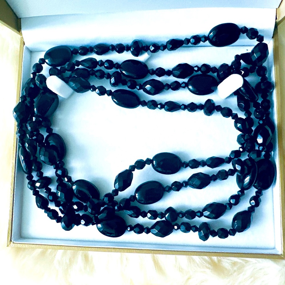 Black Spinel with black crystal continuous necklace 60”